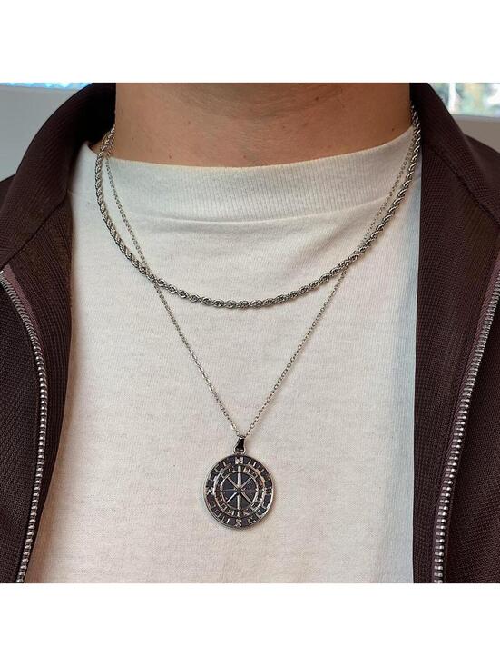 Other - Y2k 2000s style Silver Circle Compass Pendant double layer rope chain Necklace.